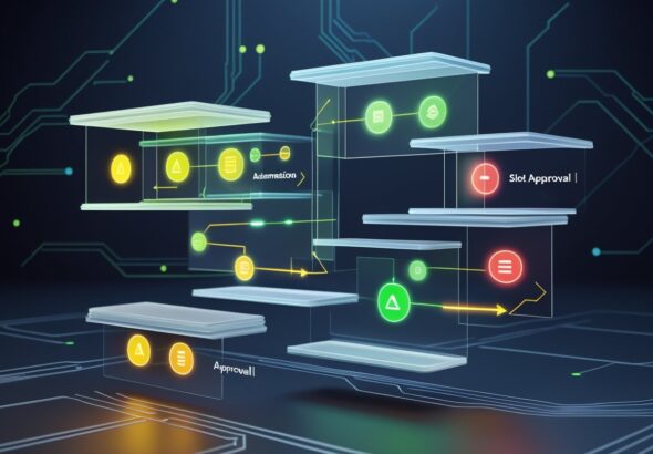 API 연동 슬롯 승인 상태 변경 자동화 과정을 보여주는 3D 사용자 인터페이스 장면
