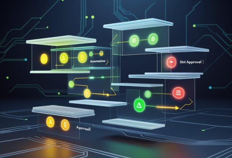 API 연동 슬롯 승인 상태 변경 자동화 과정을 보여주는 3D 사용자 인터페이스 장면