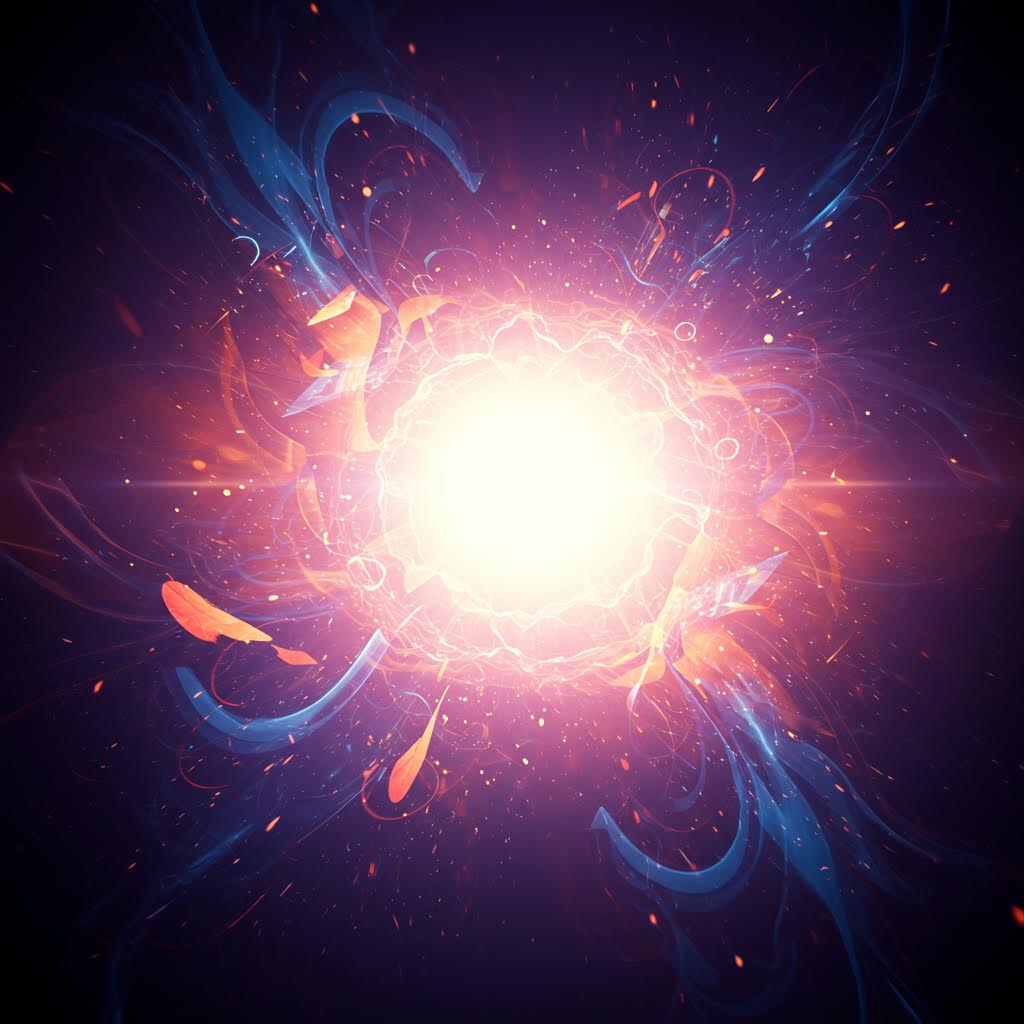 강렬한 빛과 에너지가 중심에서 폭발하며 퍼져나가는 추상적인 그래픽 이미지. 루믹스 기술을 활용한 에너지 데이터의 시각적 표현으로, 디지털 혁신과 창의적 기술의 융합을 상징하고 있다.