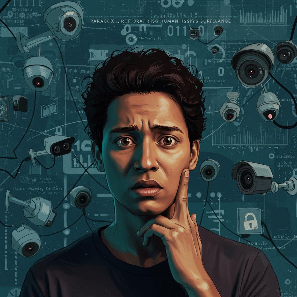 수많은 감시 카메라 시선 속에서 혼란스러운 표정을 짓는 인물의 얼굴에 불안이 비치는 순간