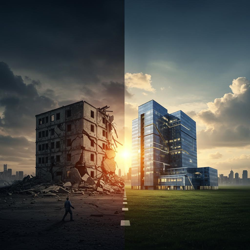 빛과 어둠이 나뉜 도시 풍경 속에서 루믹스의 솔루션이 변화의 흐름을 설계하는 인상