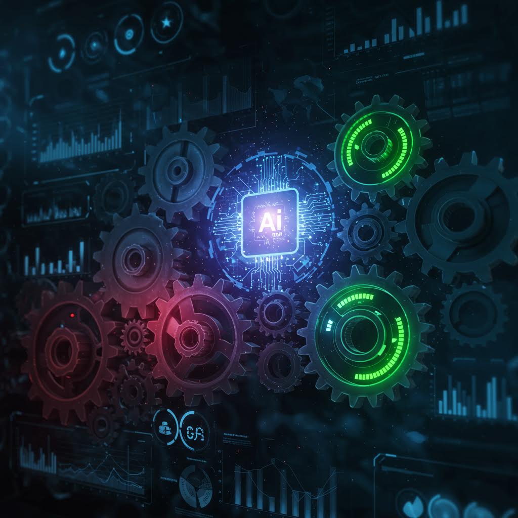 어두운 디지털 배경 속 맞물린 기어들 사이에 'Ai' 칩이 빛나며 회로와 연결되어 있고, 주변에 그래프, 계기판, 데이터 시각화 요소가 흩어져 있다. 인공지능과 기계 학습의 융합을 상징하는 사이버틱 이미지.