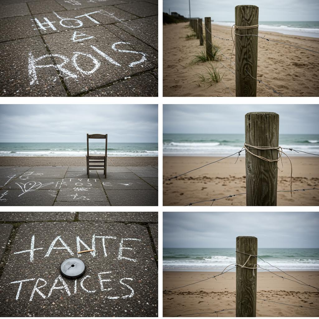 흐린 하늘 아래 모래사장과 바닷가 길 위에 남겨진 분필 글씨가 고요한 바람에 스치는 장면