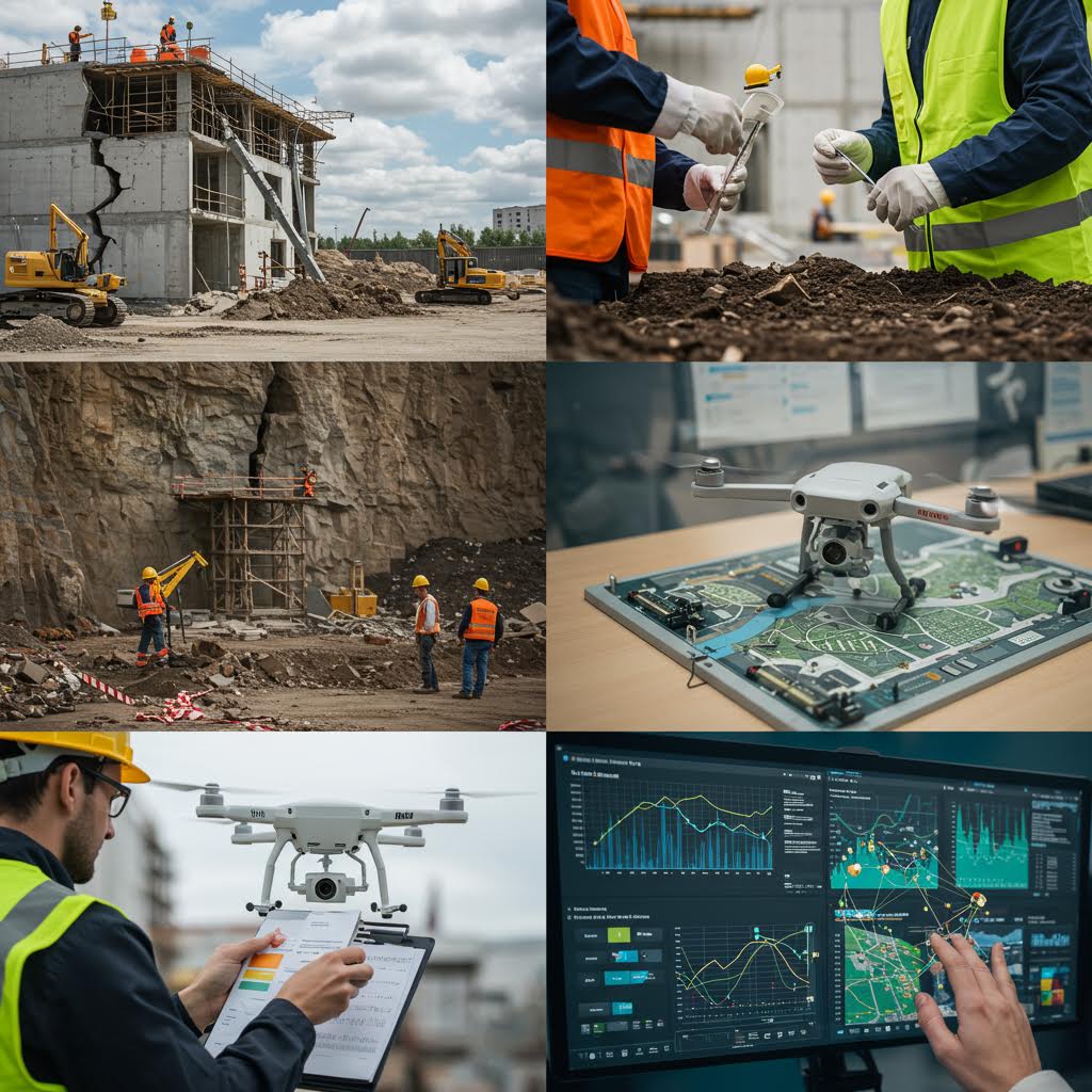 건설 현장에서 엔지니어들이 드론과 데이터 분석 시스템을 활용해 구조 안전을 점검하는 장면. 루믹스 기술을 적용한 스마트 모니터링 솔루션이 현장의 효율성과 안전성을 높이는 과정을 시각적으로 표현하고 있다.