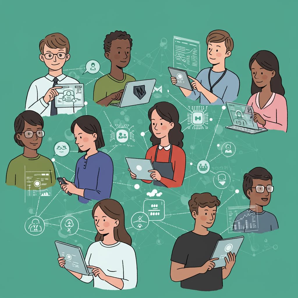 다양한 인종의 사람들이 디지털 기기를 통해 연결되며 협업과 소통의 네트워크가 확장되는 장면