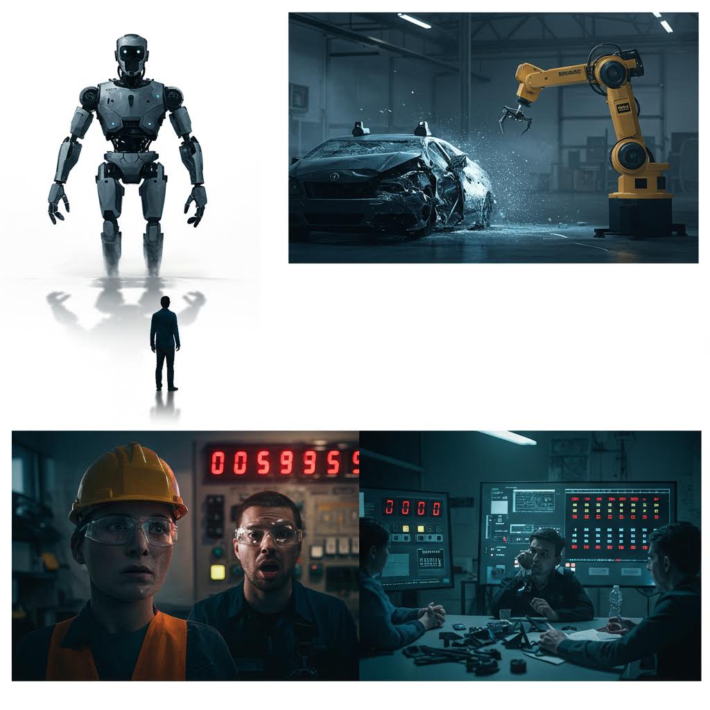 네 개의 사진 콜라주: 왼쪽 위에 휴머노이드 로봇, 오른쪽 위에 공장 로봇이 차를 부수는 장면, 아래 왼쪽에 헬멧 쓴 작업자 둘이 카운트다운 타이머 앞에서 놀라는 모습, 오른쪽 아래에 회의실에서 사람들이 논의하는 장면. 자동화와 인간의 미래를 다룬 다큐멘터리 스타일 이미지.