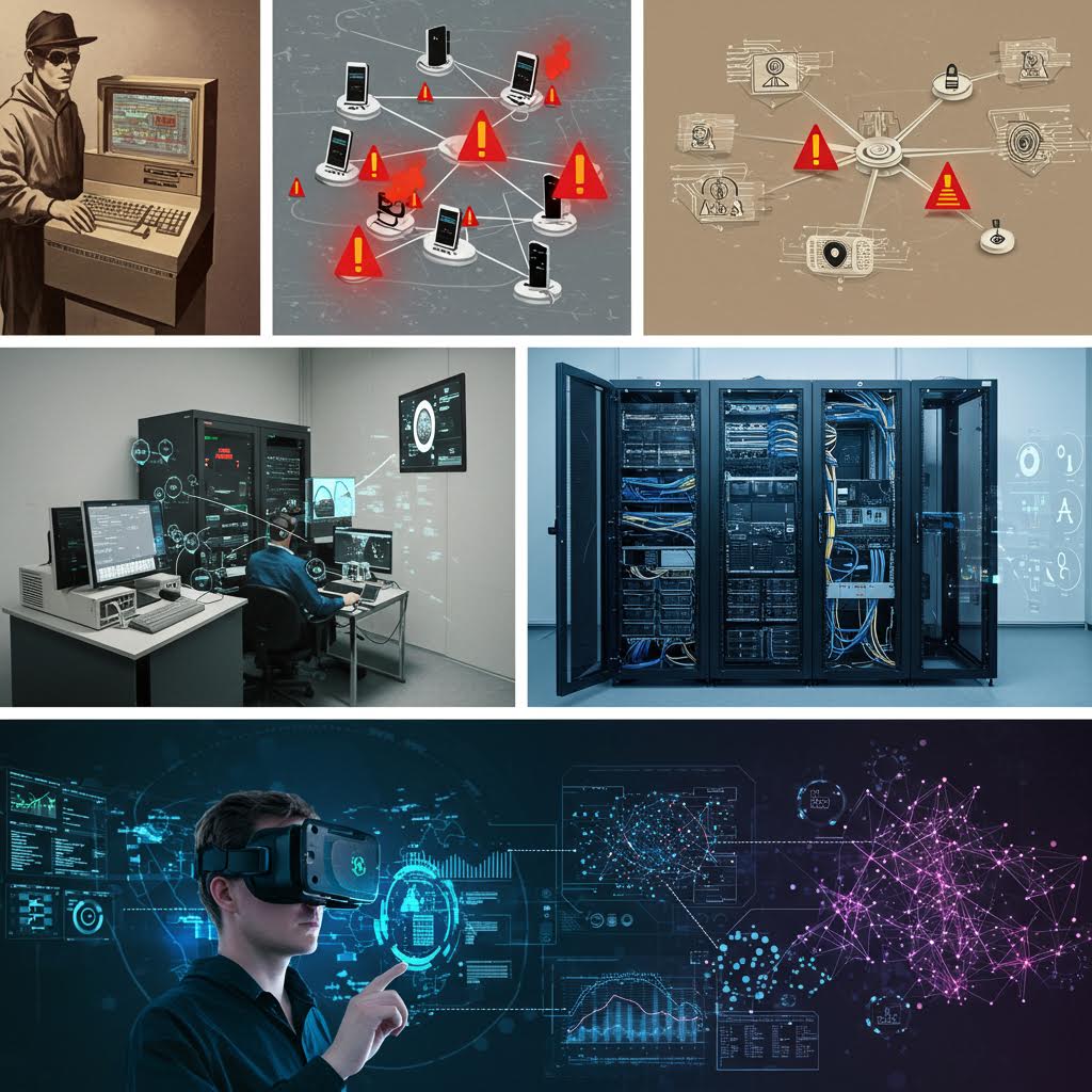 사이버 보안 연구실과 데이터 서버, 가상현실 환경이 함께 표현된 복합 기술 이미지. 루믹스 기반의 보안 네트워크 시스템이 해킹 탐지, 데이터 보호, AI 시각화를 통합 관리하는 미래형 디지털 인프라를 보여주고 있다.