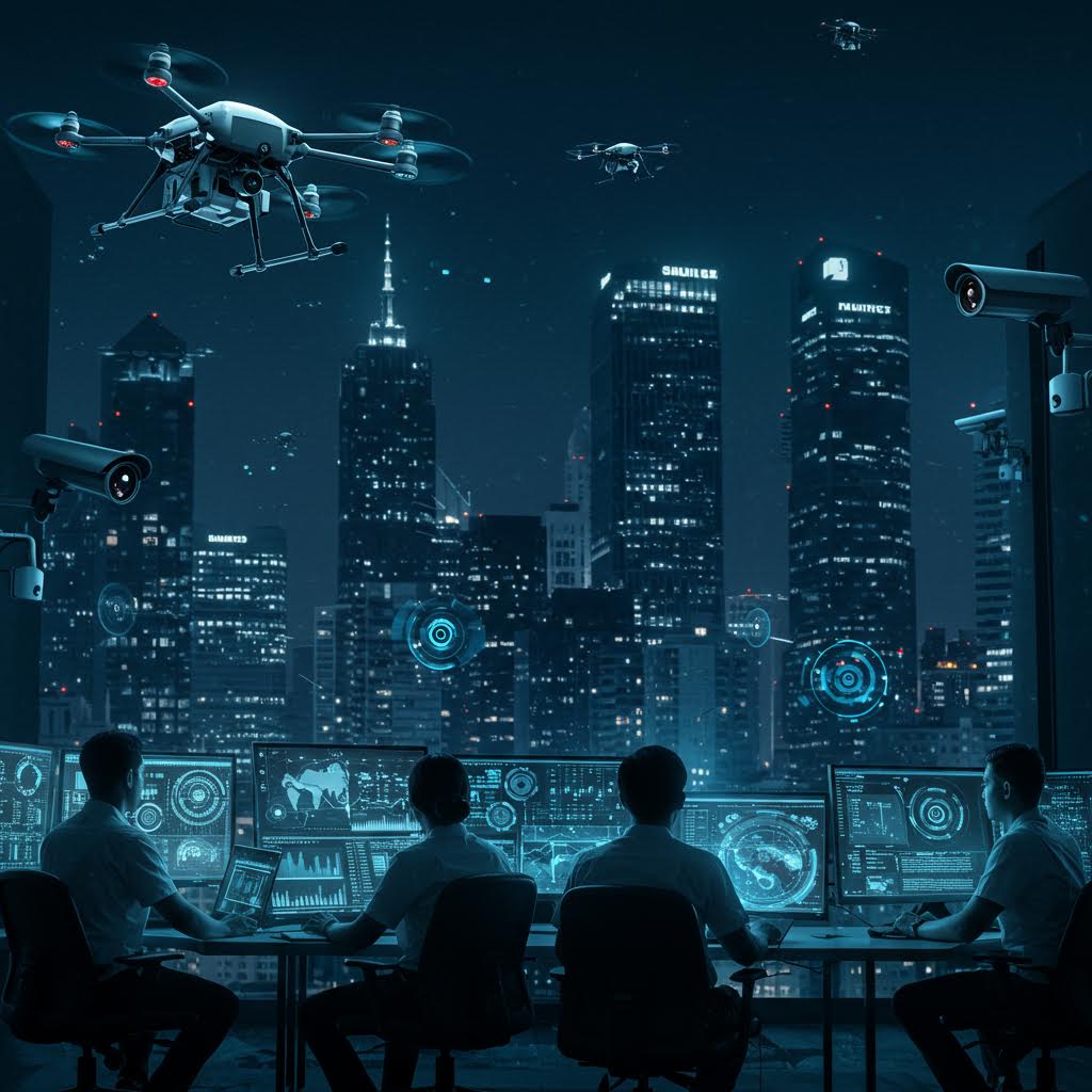 도심의 야경 속에서 드론과 CCTV가 작동하고, 보안 전문가들이 여러 대의 모니터를 통해 데이터를 분석하는 장면. 루믹스 기술을 기반으로 한 스마트 감시 시스템이 도시의 안전과 효율적인 운영을 실시간으로 관리하는 모습을 표현하고 있다.