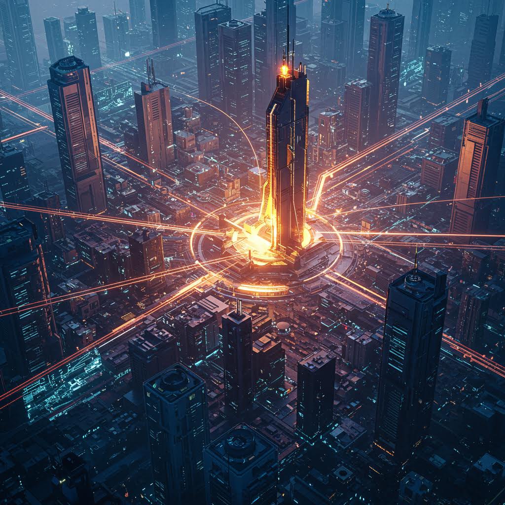 미래 도시의 중심에 위치한 초고층 빌딩에서 빛의 네트워크가 사방으로 퍼져나가는 장면. 루믹스 기술을 활용한 스마트 인프라 시스템이 도시 데이터 흐름을 연결하며 디지털 에너지 허브의 역할을 수행하고 있다.