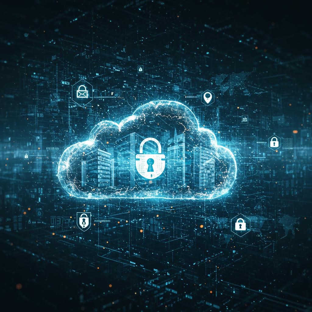 푸른 빛의 클라우드 형상 속에 자물쇠가 빛나며 루믹스의 솔루션이 데이터 보안의 중심을 그려내는 순간