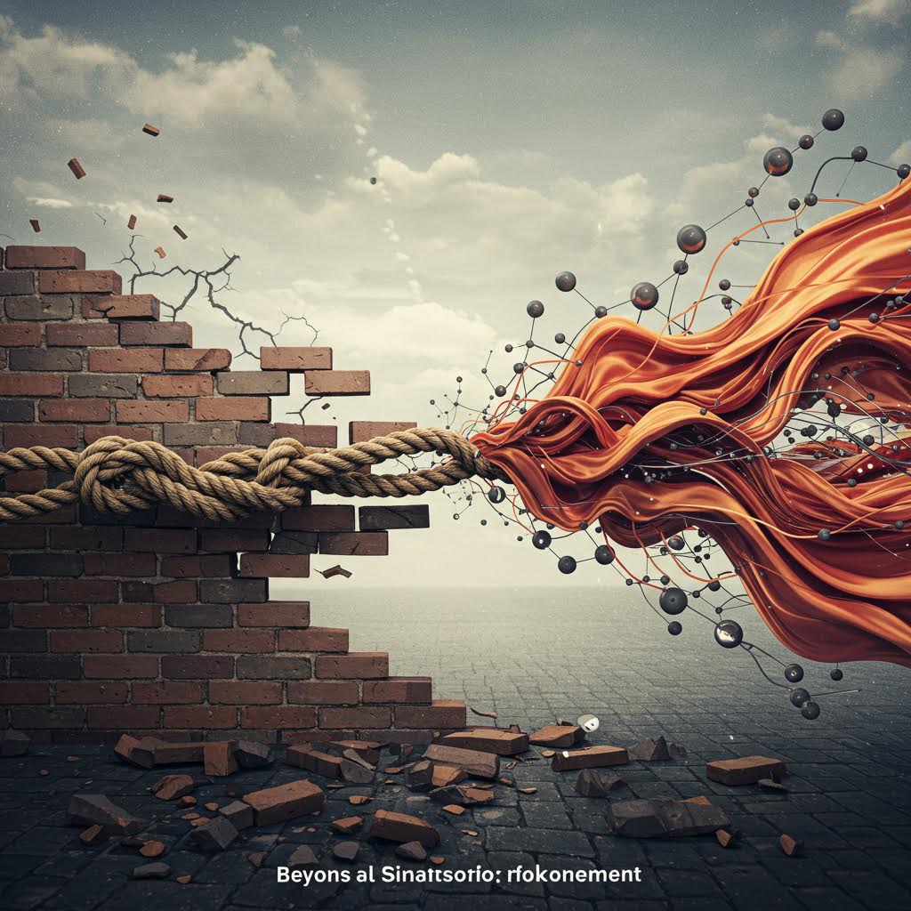 벽돌 벽에 묶인 밧줄이 벽을 뚫고 나와 디지털 네트워크 스트림으로 변형되며 흩날리는 장면. 벽돌 조각이 떨어지고 하단에 'Beyons al Sinattssorio: rfokonement'라는 텍스트가 있다. 전통과 디지털의 경계를 허무는 개념 아트.