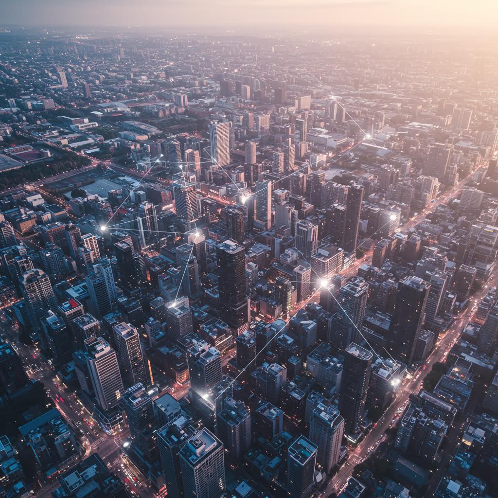 해질녘 도시 전경 위로 빛나는 점과 선들이 네트워크처럼 연결되어 있다. 스마트 시티, IoT, 디지털 인프라의 상호 연결성을 표현한 항공 뷰 이미지.