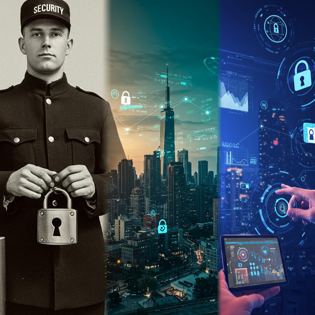 왼쪽에 경비원이 커다란 자물쇠를 들고 있고, 중앙에 도시 스카이라인에 디지털 네트워크 오버레이, 오른쪽에 손이 홀로그램 보안 인터페이스를 조작하는 모습. 물리적 보안에서 사이버 보안으로의 전환을 상징하는 삼분할 이미지.