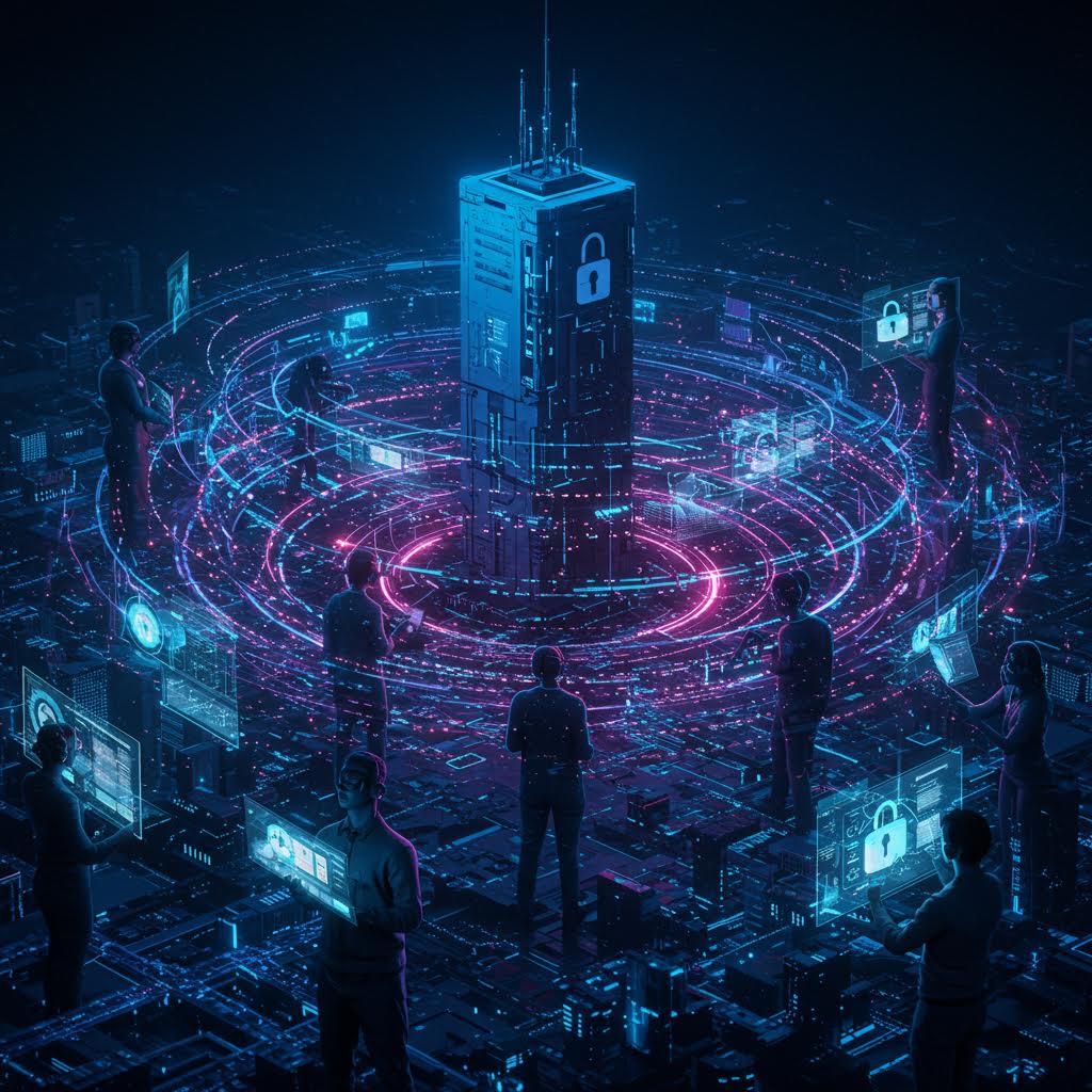 거대한 데이터 타워를 중심으로 보안 네트워크가 빛의 원형으로 확산되는 사이버 공간의 장면. 루믹스 기술을 기반으로 한 보안 인프라가 도시의 디지털 데이터를 보호하고 연결하는 미래형 시스템을 표현하고 있다.