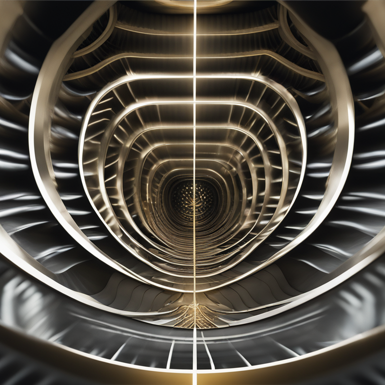 금속 구조가 나선형으로 이어진 듯한 미래형 터널 내부를 담은 추상 이미지