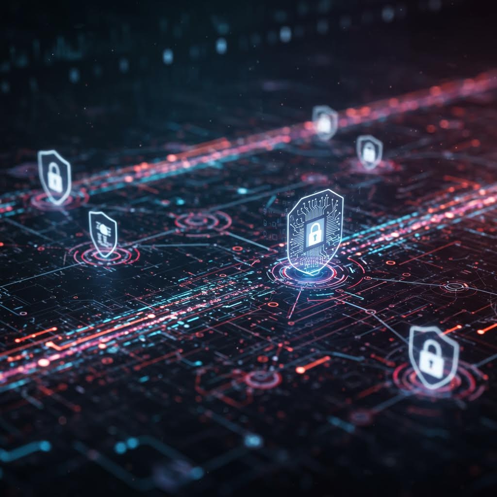 네온빛 회로 위로 방패 아이콘이 떠오르며 루믹스의 보안 네트워크가 활성화되는 기술적 장면