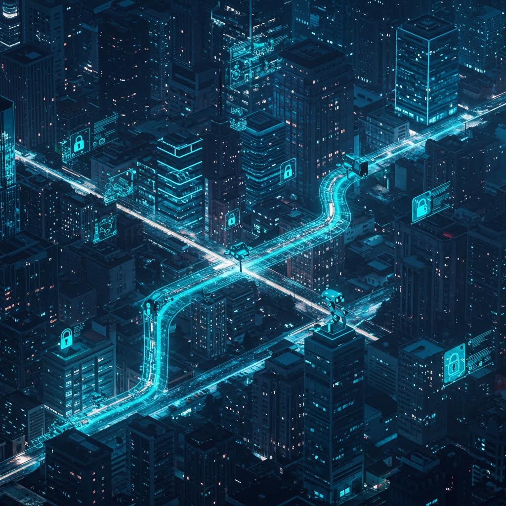 빛의 도로가 도시를 가로지르며 루믹스의 네트워크 보안 체계가 흐르는 데이터 도시의 장면