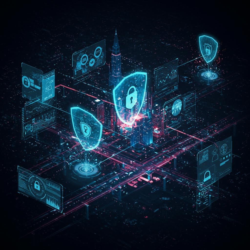 빛나는 도시 위로 데이터 보호막이 겹쳐지며 루믹스의 보안 인프라가 구축되는 미래적 장면