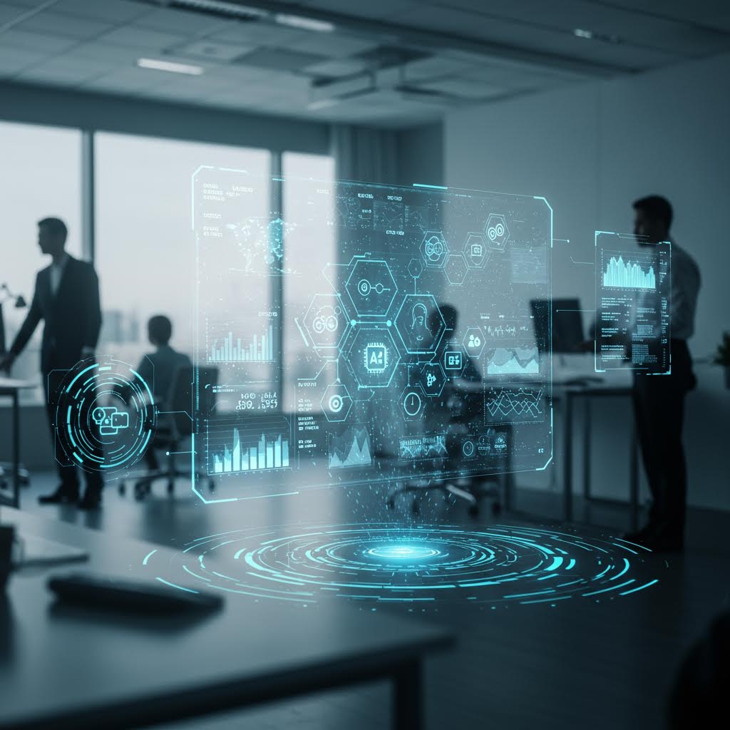 푸른빛 홀로그램 데이터가 떠오른 사무실 속에서 루믹스의 분석 시스템이 실시간으로 전개되는 장면