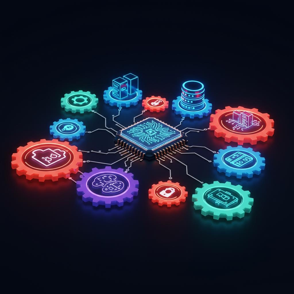 중앙의 칩셋에서 퍼져나간 회선이 기어를 연결하며 루믹스의 시스템 모듈이 유기적으로 작동하는 기술적 장면