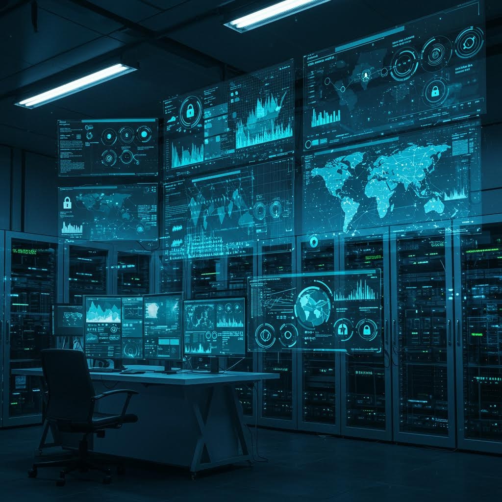 어두운 서버실 한가운데 루믹스의 데이터 제어 패널이 빛을 내며 세계 네트워크를 감시하는 장면