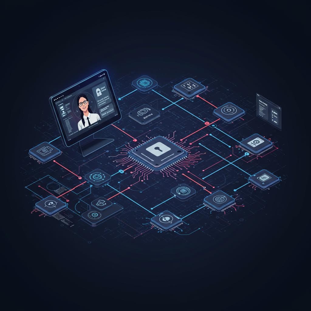 중앙의 보안 칩셋에서 퍼져나간 회선이 화면과 연결되며 루믹스의 데이터 관리 체계가 작동하는 기술적 장면
