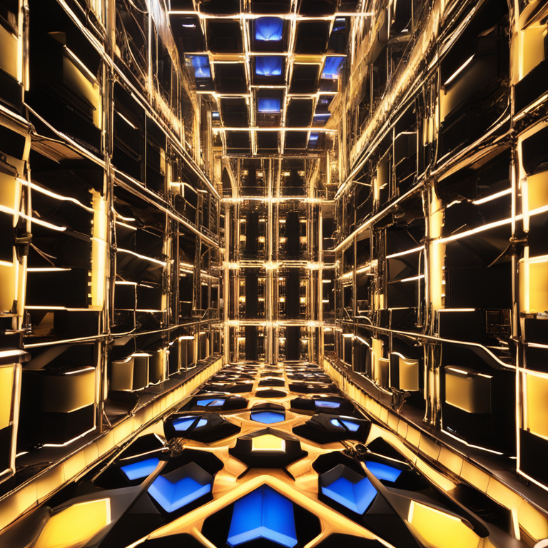 연산 구조를 상징하듯 빛나는 패턴과 금속성 공간이 결합된 미래형 서버룸 이미지