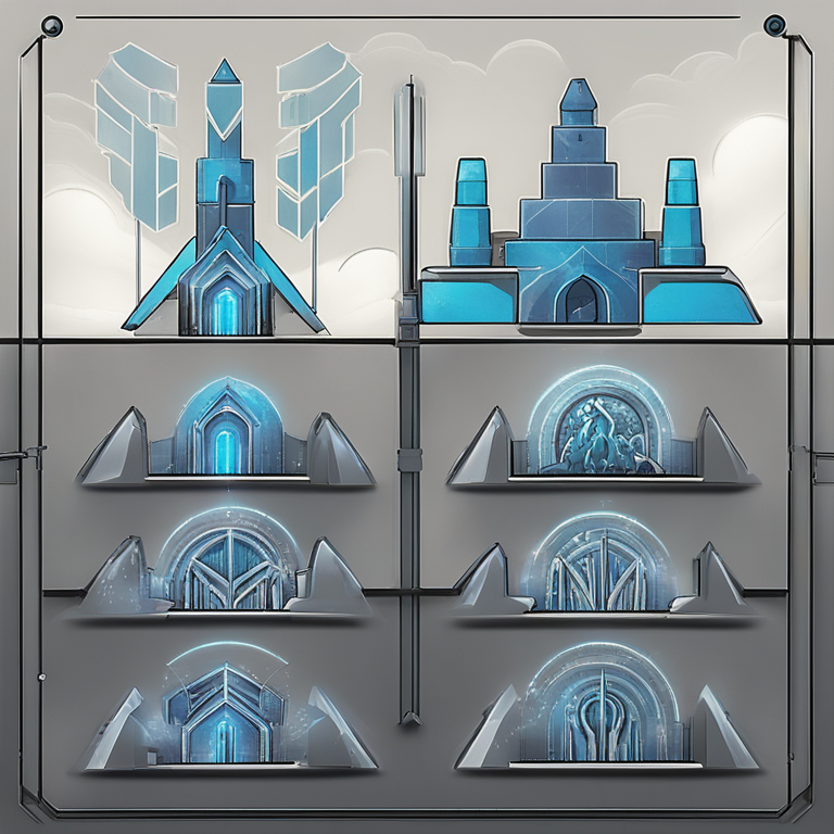 푸른 빛의 구조물을 층별로 표현한 미래형 설계도처럼 보이는 일러스트로, 시스템 아키텍처를 연상시키는 이미지