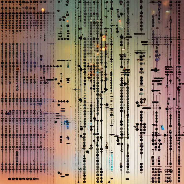 다양한 신호 패턴 데이터 흐름을 기술 분위기로 표현한 추상적 시각화 그래픽