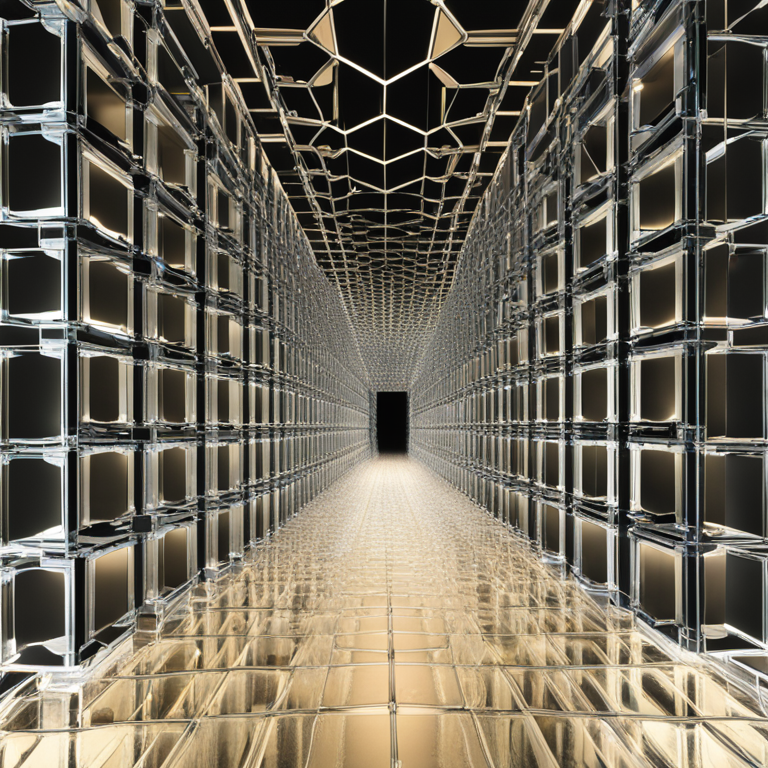 기반 모듈 시스템을 연상시키는 투명한 육각 구조의 무한 터널 이미지