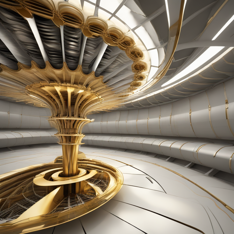 황금빛 기둥 구조가 중심에서 퍼져 나가는 미래적 실내 공간으로, 기술의 에너지 흐름을 상징적으로 표현한 이미지