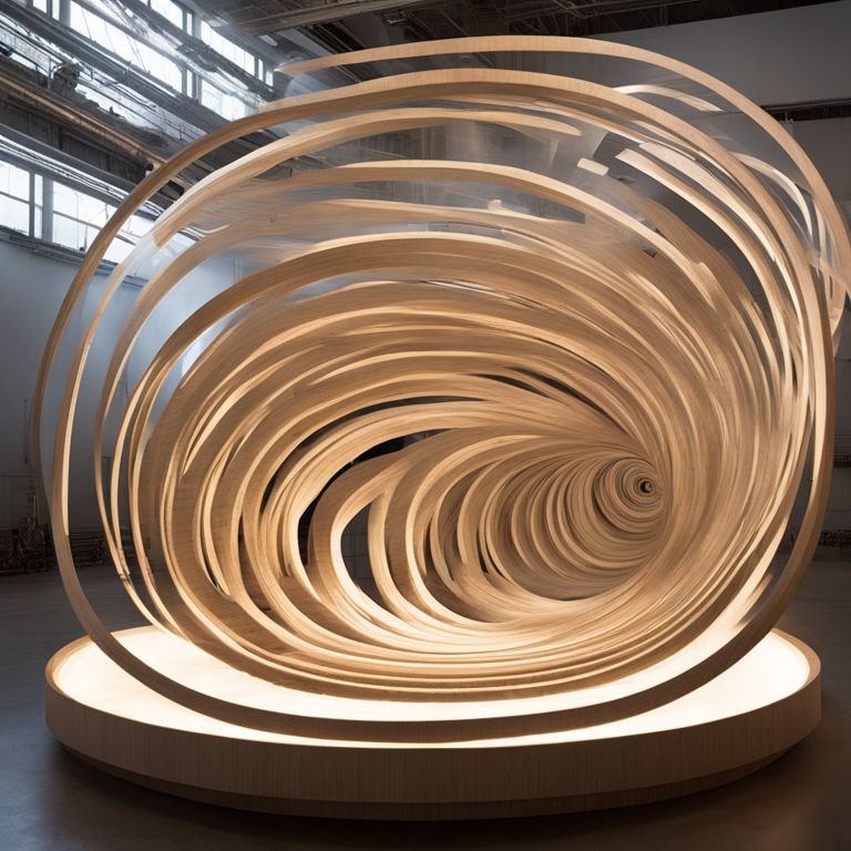 나무 재질의 곡선이 소용돌이처럼 얽혀 있는 예술 설치물로, 디자인 철학의 유연함을 떠올리게 하는 공간 연출 이미지