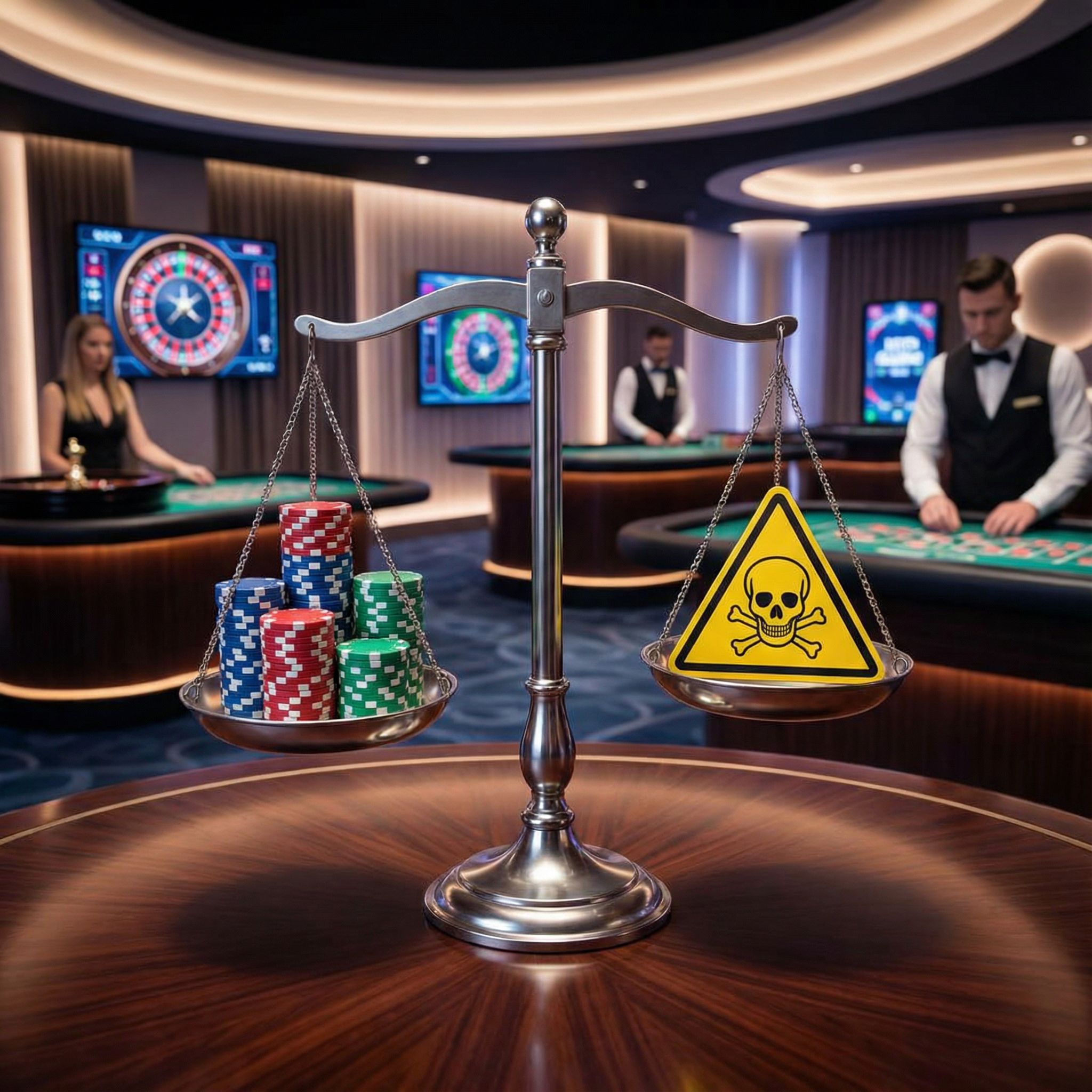 현대적인 라이브 카지노 스튜디오에 위험 경고 표지판과 카지노 칩 더미가 각각 올려진 저울이 균형을 이루고