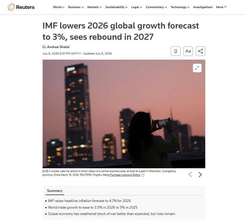 Reuters summarizes the IMF report for a general news audience, emphasizing selected figures and economic implications.