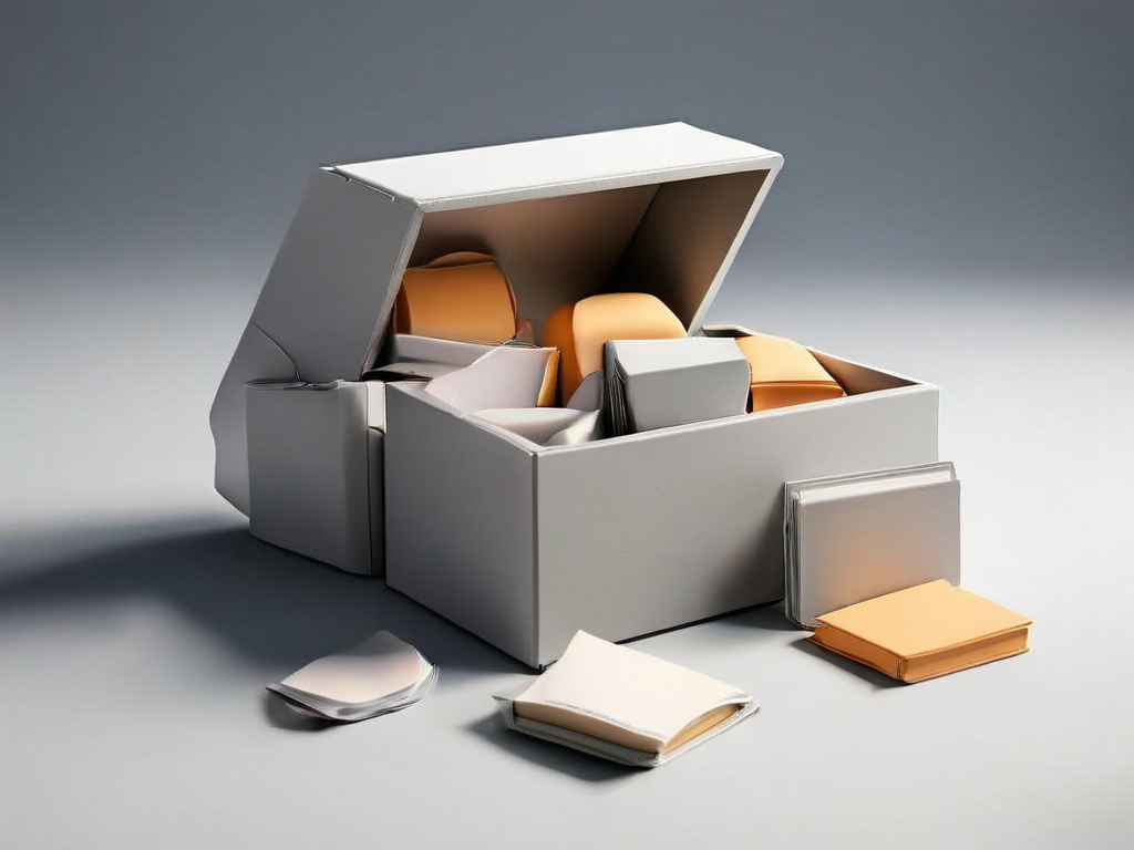 Small archive boxes and blank compartment inserts on a gray studio surface, soft side light and shadow, representing practical...