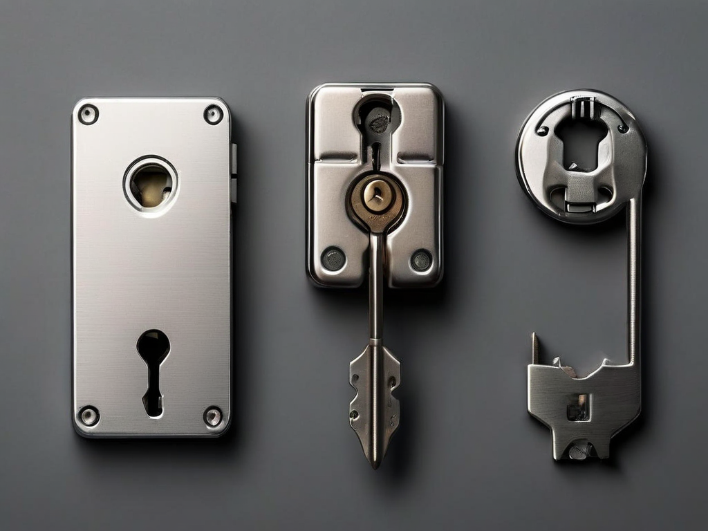 Small metal lock, closed key case, and blank security card arranged on a matte gray studio surface.