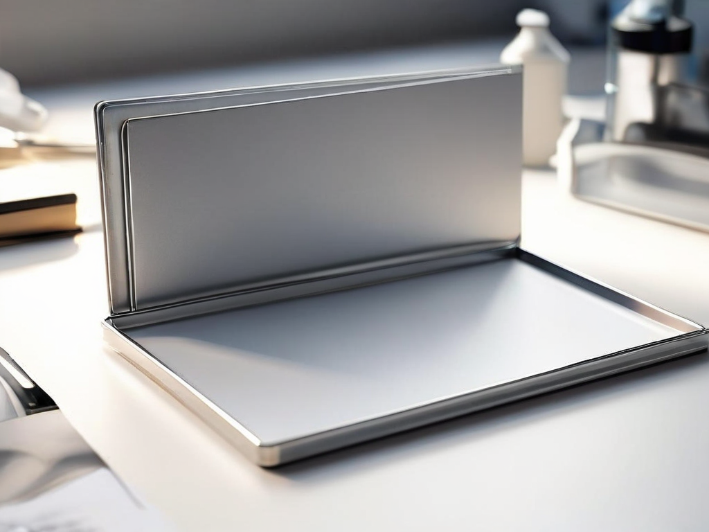 Blank divider cards and a compact storage tray on a brushed metal surface, with angled morning daylight and shallow depth of.