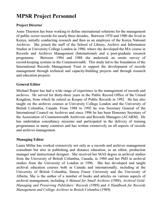MPSR Project Personnel page listing the Project Director, General Editor, and Managing Editor with their professional backgrounds and archival management experience.